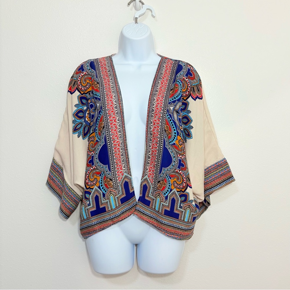 Greylin Anthro Kimono Wide Sleeve Open Front Colorful Mosaic Cardigan SzS Boho